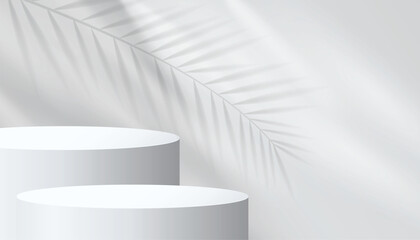 Abstract 3D shape podium with soft tropical leaf shadows and gentle light reflections. Display pedestal mockup minimal scene empty stage for presentation product cosmetic, stand, showcase, exhibition