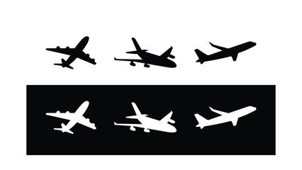 Airplane silhouette set isolated on white background, black and white aircraft icons collection