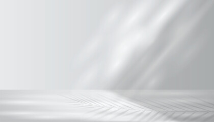 Abstract gray background with soft tropical leaf shadows and gentle light reflections. Display pedestal mockup minimal scene empty stage for presentation product, stand, showcase, exhibition, display