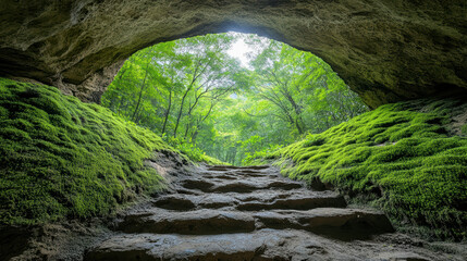 Obraz premium Lush green moss covers stone steps leading to bright, serene forest. Nature beauty shines