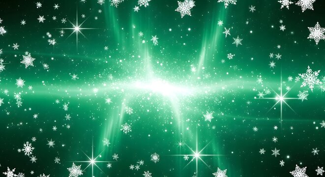 Abstract green background with sparkling snowflakes and light burst