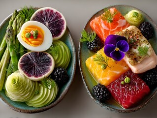 Vibrant and healthy dishes featuring fresh salmon, avocado, eggs, and colorful vegetables.