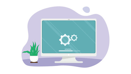 Computer monitor showing software update progress with gears and potted plant illustration