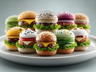 A delightful assortment of colorful, miniature gourmet burgers arranged on a white plate.