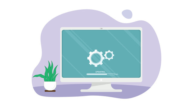 Computer monitor showing software update progress with gears and potted plant illustration
