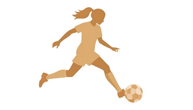 Silhouette of a female soccer player kicking a ball, isolated on white, in a sepia tone color