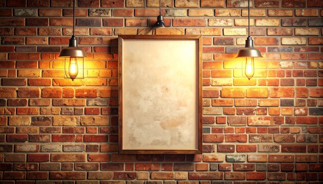 Empty wooden frame for text or design on a rustic brick wall background with glowing retro lamps, ideal for a menu or advertisement mockup