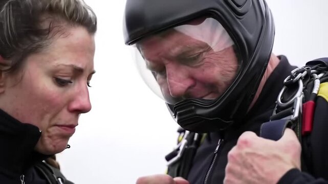 A woman with a concerned expression looks at a man in a skydiving helmet and suit as he adjusts his gear.