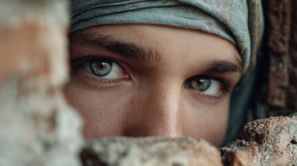 Intense Gaze of a Young Man Poking Through Cracked Wall Surrounded by Texture and Earthy Tones, Highlighting Emotion and Depth of Eyes