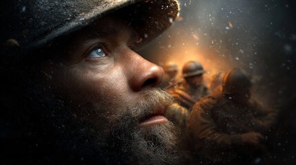 Intense Portrait of a Soldier in War, Capturing Emotion, Resilience, and Courage Amidst a Dark and Chaotic Battlefield Setting with Snowflakes