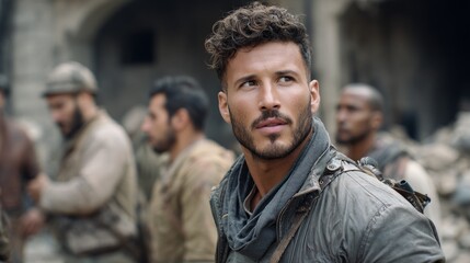 Intense Portrait of a Soldier in Battle-Scarred Environment, Showcasing Strength, Determination, and Resilience Amidst Chaotic Backgrounds of Conflict