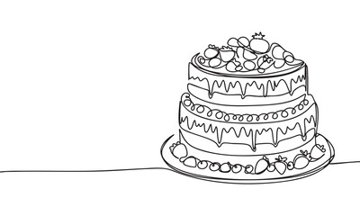 One Line Art of a Tiered Cake with Berries and Dripping Icing