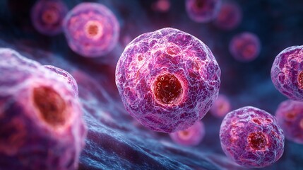 High magnification 3D rendering of kidney cancer renal cell carcinoma showing disrupted mitochondrial structures enlarged nuclei