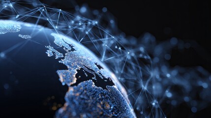 Dynamic global network visualization connecting continents with glowing data points and abstract digital lines