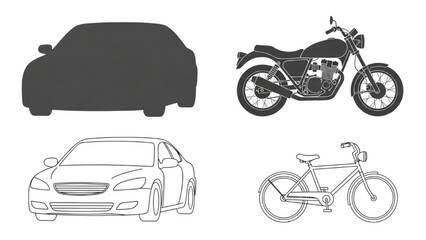 Essential vehicle graphics featuring diverse land transport modes like cars, motorcycles, and bicycles in various design styles
