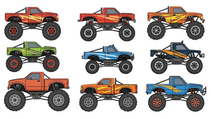 Collection of Off-Road Monster Trucks in Various Colors A Vector Illustration © Stock Image Paradise