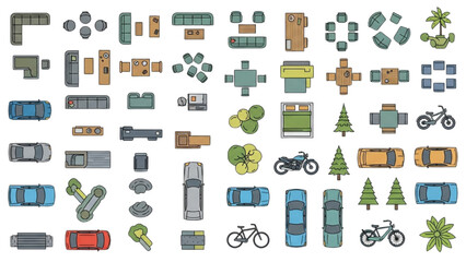 Top view vector icon collection of furniture, vehicles, and plants for architectural planning © Stock Image Zone