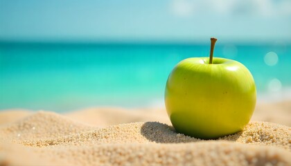 A vibrant green apple on the beach sand with sea and sky in the background. Perfect mix of freshness, summer, and healthy lifestyle concepts.