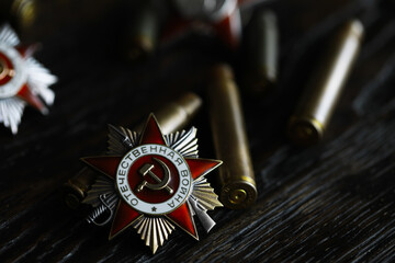 Patriotic War Order and battle order for courage and bravery on George Ribbon background for the great day of Victory (russian text: Patriotic War)