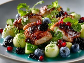 Gourmet grilled chicken salad with fresh berries and herbs, artfully plated.