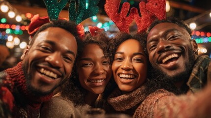 Friends wearing reindeer antlers smile for a festive selfie.