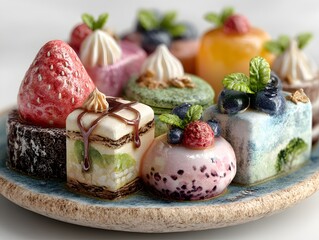 Delightful assortment of colorful miniature desserts and pastries arranged on a platter, perfect for celebrations.