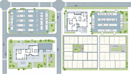 Detailed overhead blueprint of a modern urban commercial development with multiple buildings, parking, and green spaces © Stock Image Paradise