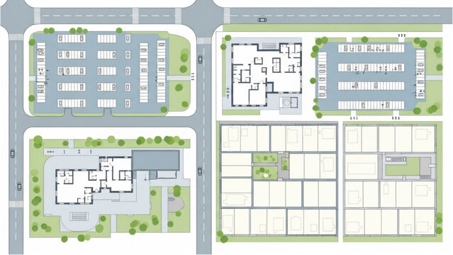 Detailed overhead blueprint of a modern urban commercial development with multiple buildings, parking, and green spaces