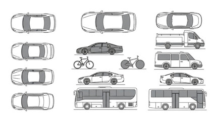 Diverse Collection of Vehicle Illustrations Cars, Bikes, Buses, and Trucks in Top and Side Views © Stock Image Paradise