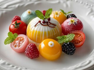 Artistic dessert arrangement featuring colorful fruit and delicate pastries on a white plate