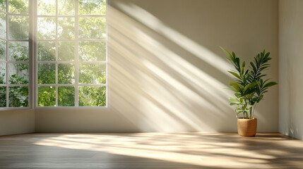 Fototapeta premium Bright sunlight streaming through window illuminates serene indoor space with potted plant