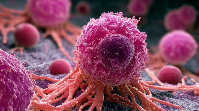 High magnification 3D rendering of kidney cancer renal cell carcinoma showing disrupted mitochondrial structures enlarged nuclei