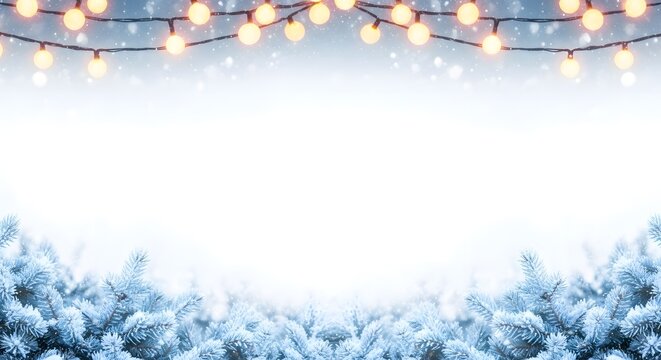 Christmas lights and snowy trees create a festive atmosphere