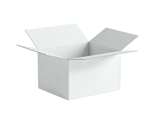 A plain, white, square cardboard box, open, showcasing its empty interior and simple design