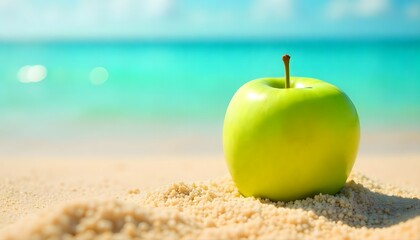 A vibrant green apple on the beach sand with sea and sky in the background. Perfect mix of freshness, summer, and healthy lifestyle concepts.