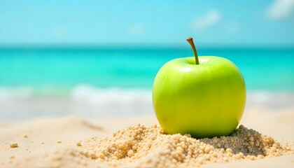 A vibrant green apple on the beach sand with sea and sky in the background. Perfect mix of freshness, summer, and healthy lifestyle concepts.