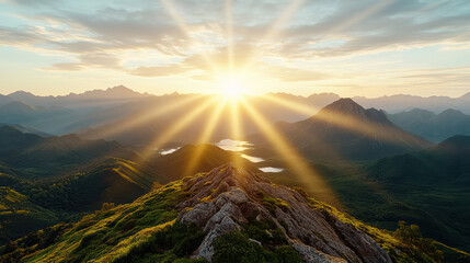 Obraz premium Breathtaking sunrise illuminating mountain peaks, creating serene and peaceful atmosphere