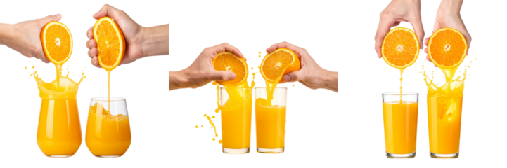  Hand Squeezing Fresh Orange and Pouring Juice into Glass – Isolated on Transparent Background