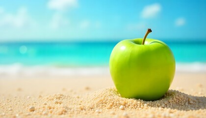 A vibrant green apple on the beach sand with sea and sky in the background. Perfect mix of freshness, summer, and healthy lifestyle concepts.