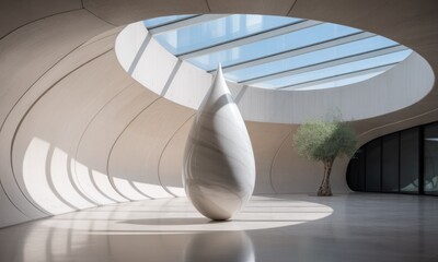 Obraz premium Modern interior, marble teardrop sculpture, skylight, curved walls, and olive tree