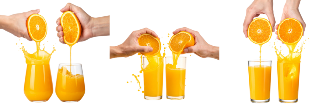  Hand Squeezing Fresh Orange and Pouring Juice into Glass – Isolated on Transparent Background