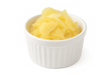 Pickled ginger gari in a white ramekin, preparing a palate cleanser for sushi or asian cuisine