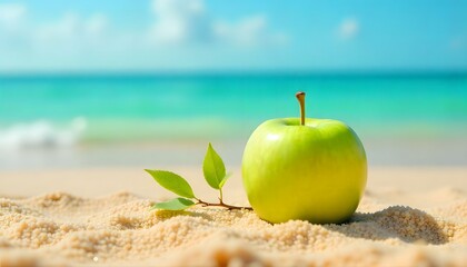 A vibrant green apple on the beach sand with sea and sky in the background. Perfect mix of freshness, summer, and healthy lifestyle concepts.