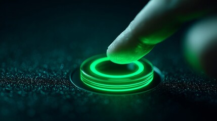 Finger pressing glowing green start button in dark futuristic technology setting, symbolizing innovation and new beginnings