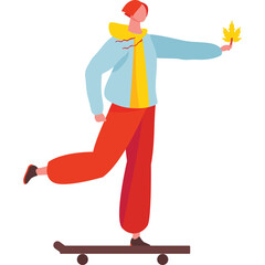 Full Shot Of A Person With Short Red Hair Riding A Skateboard Holding A Yellow Leaf In One Hand And Wearing Red Pants And A Blue Hoodie With A Yellow Shirt On A Transparent Background