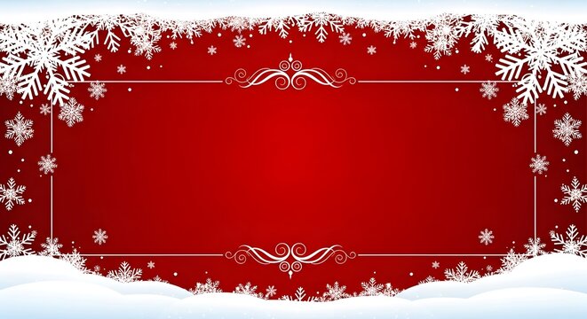 Festive red background with snowflakes and ornate white frame