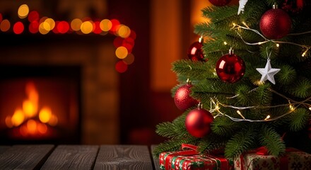 Cozy christmas scene with tree, fireplace, and warm lights