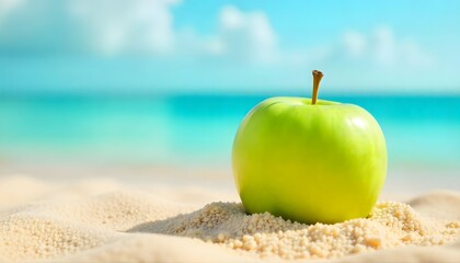 A vibrant green apple on the beach sand with sea and sky in the background. Perfect mix of freshness, summer, and healthy lifestyle concepts.