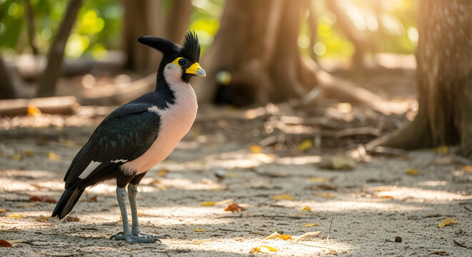 A striking rhinoceros hornbill with a distinctive crest and pink throat stands on the forest floor.