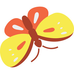 Vibrant cartoon butterfly with orange and yellow wings detailed with white spots isolated on transparent background with whimsical antennae